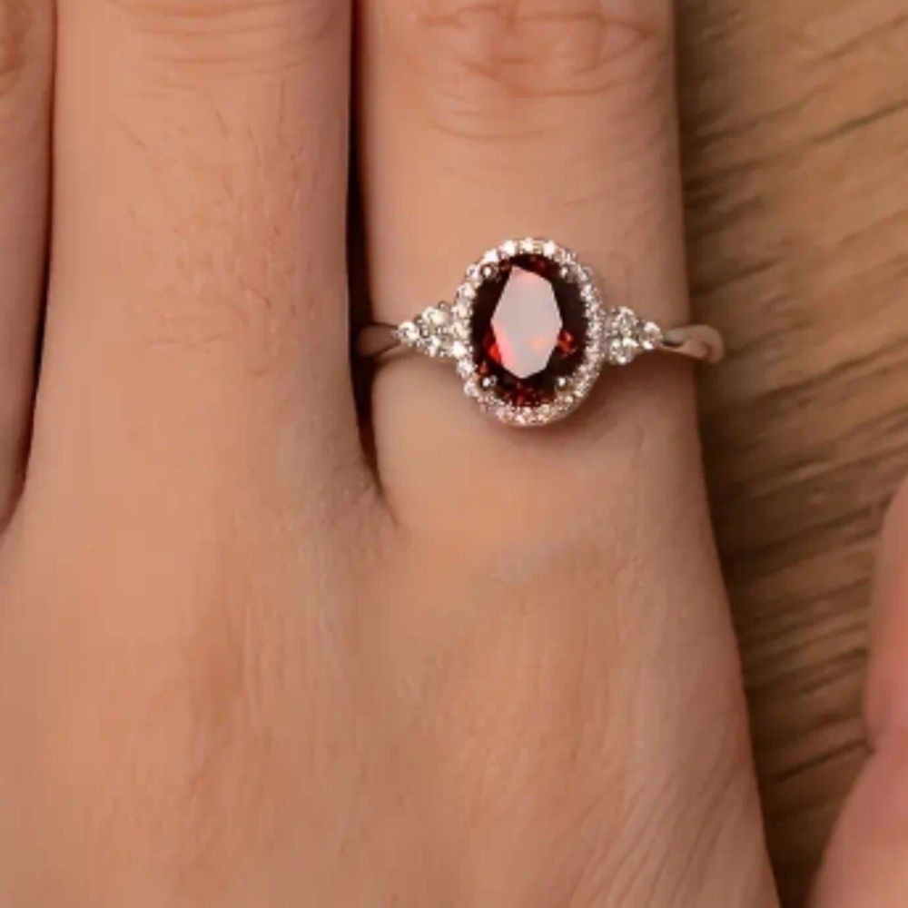 New Red Gemstone Halo Ring Silver Tone Statement Ring Promise Ring Various Sizes - Picture 3 of 4